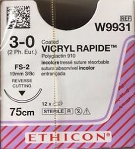 VICRYL RAPIDE 3/0 UNDYED 75CM 3/8Circle 19MM ReverseCutting FS-2 Needle
