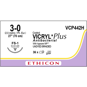 VICRYL PLUS 3/0 UNDYED 70CM 3/8Circle 24MM ReverseCutting FS-1 Needle -“triclosan-coated”